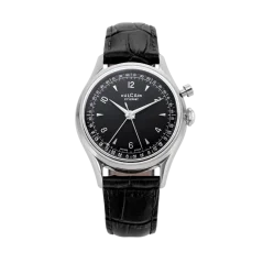 Men's silver Vulcain watch with leather strap Cricket Tradition Black Calf Skin Leather Alligator - Printed Steel Case Back - Black 36MM Automatic