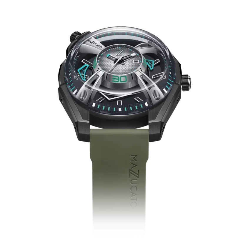 Men's Mazzucato black watch with rubber strap LAX Dual Time Black / Green - 48MM Automatic