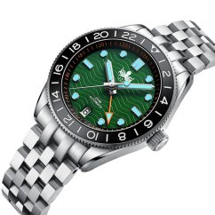 Stříbrné pánské hodinky Phoibos Watches s ocelovým páskem GMT Wave Master 200M - PY049A Green Automatic 40MM