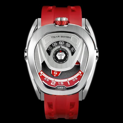 Orologio da uomo in argento Tsar Bomba Watch con un braccialetto di gomma TB8213 - Silver / Red Automatic 44MM