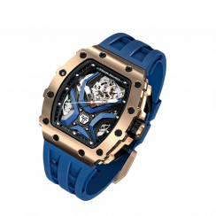 Zlaté pánské hodinky Tsar Bomba Watch s gumovým páskem TB8206A - Gold / Blue Automatic 43,5MM