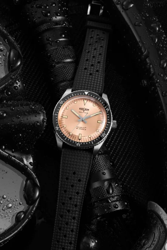 Men's silver Vulcain watch with rubber strap Skindiver Nautique - Salmon Beige Luminova - Rubber 44,5MM Automatic