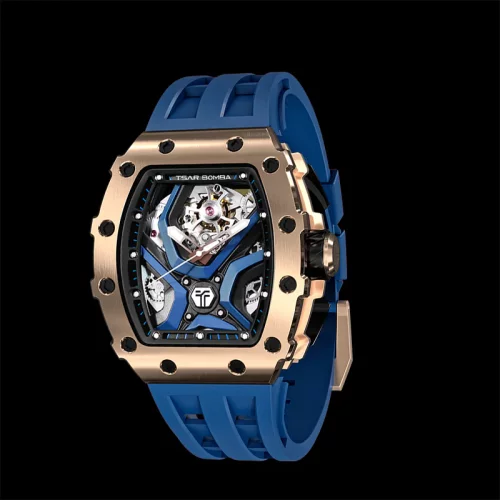 Złoty zegarek męski Tsar Bomba Watch z gumką TB8206A - Gold / Blue Automatic 43,5MM