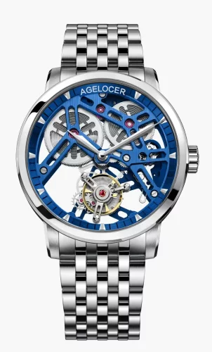 Herenhorloge in zilverkleur van Agelocer Watches met stalen riem Tourbillon Series Silver / Blue 40MM