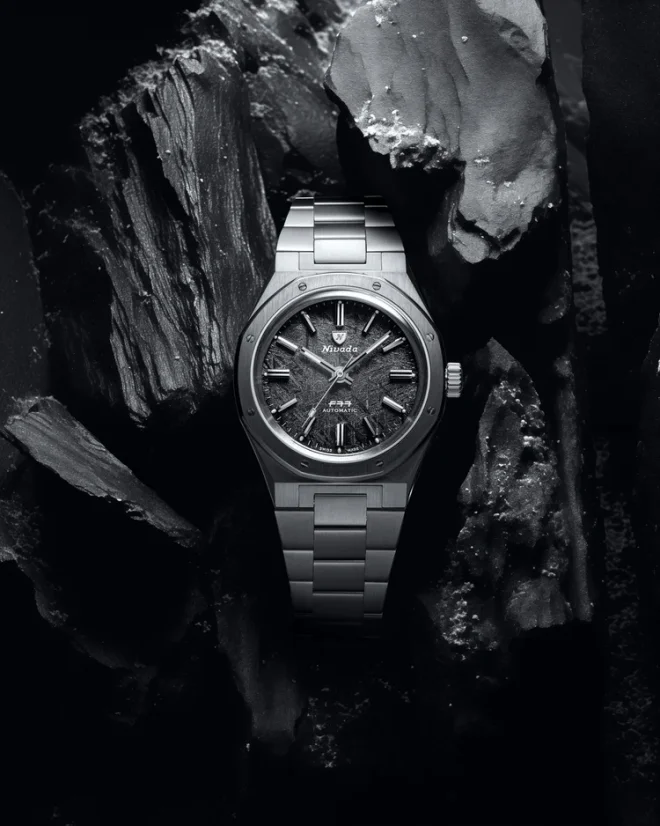 Men's silver Nivada Grenchen watch with steel strap F77 STAINLESS STEEL METEORITE 69041A77C With Date 41MM Automatic