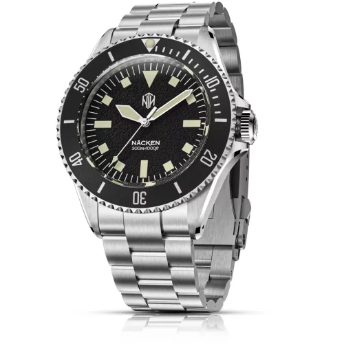 Muški srebrni sat NTH Watches s čeličnim remenom Barracuda Vintage Legends Series No Date - Black Automatic 40MM