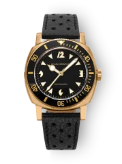 Zlaté pánské hodinky Nivada Grenchen s koženým páskem Pacman Depthmaster Bronze 14123A10 Black Racing Leather 39MM Automatic