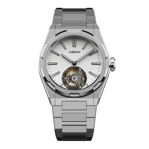 Srebrny zegarek męski Aisiondesign Watches z pasem stalowym Tourbillon Hexagonal Pyramid Seamless Dial - White 41MM