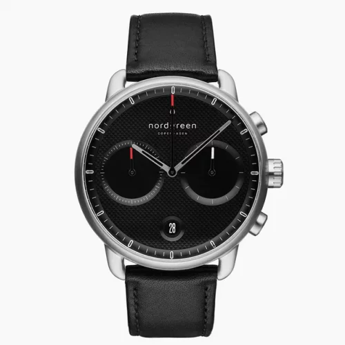 Ασημένιο ρολόι Nordgreen για άντρες με δερμάτινη ζώνη Pioneer Textured Black Dial - Black Leather / Silver 42MM