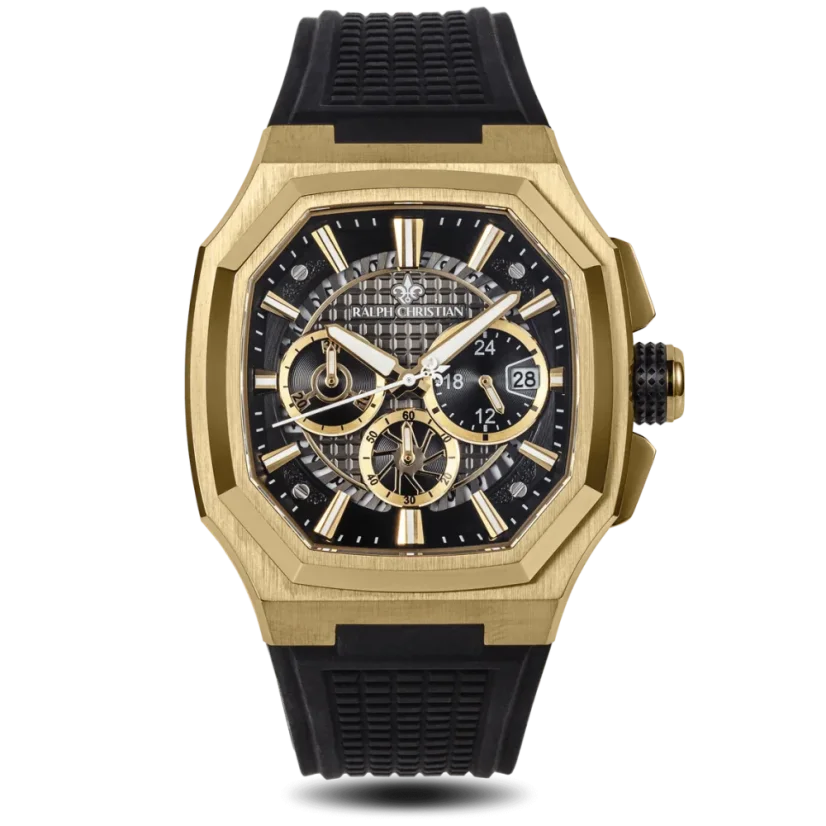 Zlaté pánské hodinky Ralph Christian s gumovým páskem The Equinox Chrono - Golden Eclipse 47MM