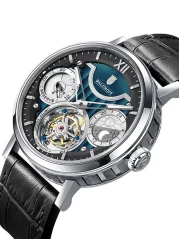 Stříbrné pánské hodinky Waldhoff s koženým páskem Ultramatic II Black Sand 42,5MM Automatic