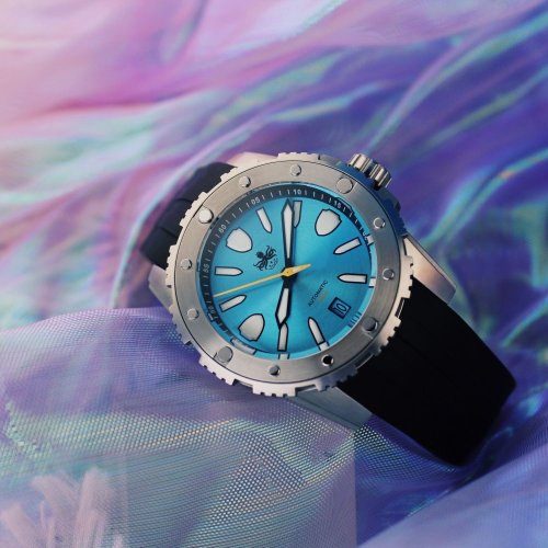 Ασημένιο ρολόι Phoibos Watches για άντρες με δερμάτινη ζώνη Great Wall 300M - Blue Automatic 42MM Limited Edition