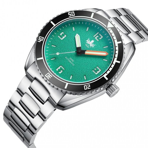 Relógio Phoibos Watches de prata para homem com pulseira de aço Reef Master 200M - Shamrock Green Automatic 42MM
