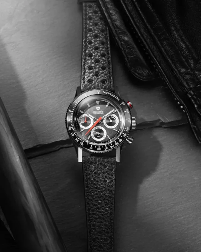 Stříbrné pánské hodinky Nivada Grenchen Chronoking Mecaquartz Racing Black 87048Q01 38MM