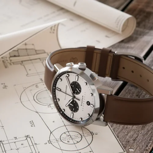 Stříbrné pánské hodinky Henryarcher Watches s koženým páskem Kvantum - Vektor Windsor Tan 41MM