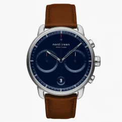 Men's silver Nordgreen watch with leather strap Pioneer Navy Dial - Brown Leather / Silver 42MM