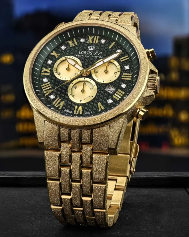 Zlaté pánské hodinky Louis XVI s ocelovým páskem Frosted Aramis 2.0 With Diamonds - 3601 Gold 43MM