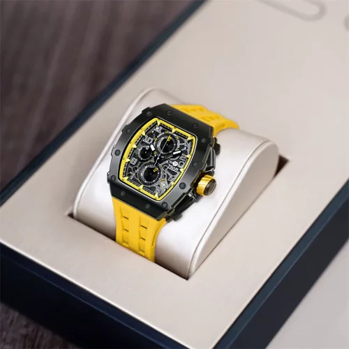 Czarny zegarek męski Tsar Bomba Watch z gumką TB8204Q - Black / Yellow 43,5MM