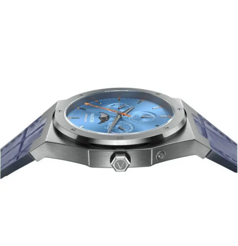 Miesten hopea Valuchi Watches - kello nahkarannekkeella Lunar Calendar - Silver Blue Leather 40MM