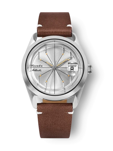 Reloj Nivada Grenchen plata de hombre con correa de cuero Antarctic Spider 32023A02 38MM Automatic