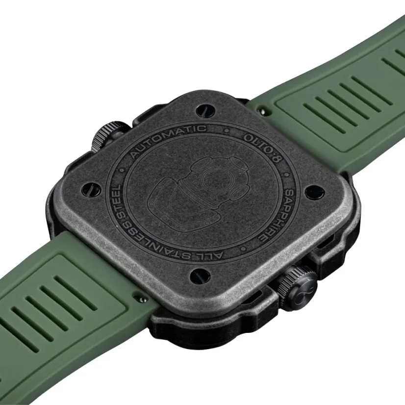 Montre OLTO-8 pour hommes en noir avec bracelet en caoutchouc Coral Steward Diving Black / Green 45MM