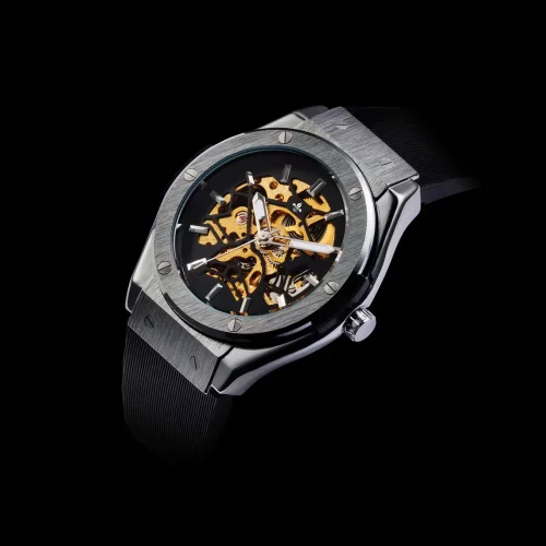 Stříbrné pánské hodinky Ralph Christian s gumovým páskem Prague Skeleton Deluxe - Silver Automatic 44MM