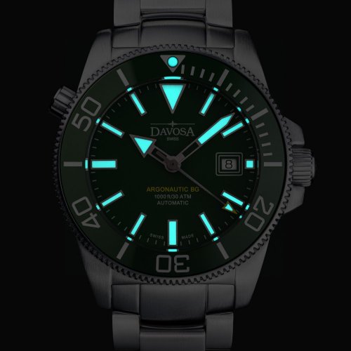 Stříbrné pánské hodinky Davosa s ocelovým páskem Argonautic BG - Silver/Green 43MM Automatic