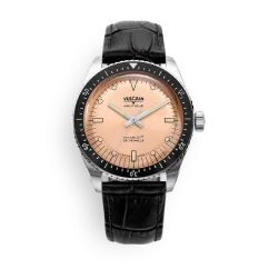 Men's silver Vulcain watch with leather strap Skindiver Nautique - Brown - BLACK CALF SKIN LEATHER ALLIGATOR-PRINTED 44,5MM Automatic