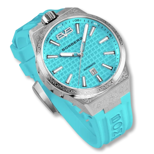 Silberne Herrenuhr Bomberg Watches mit Gummiband TEAL LAGOON 43MM Automatic