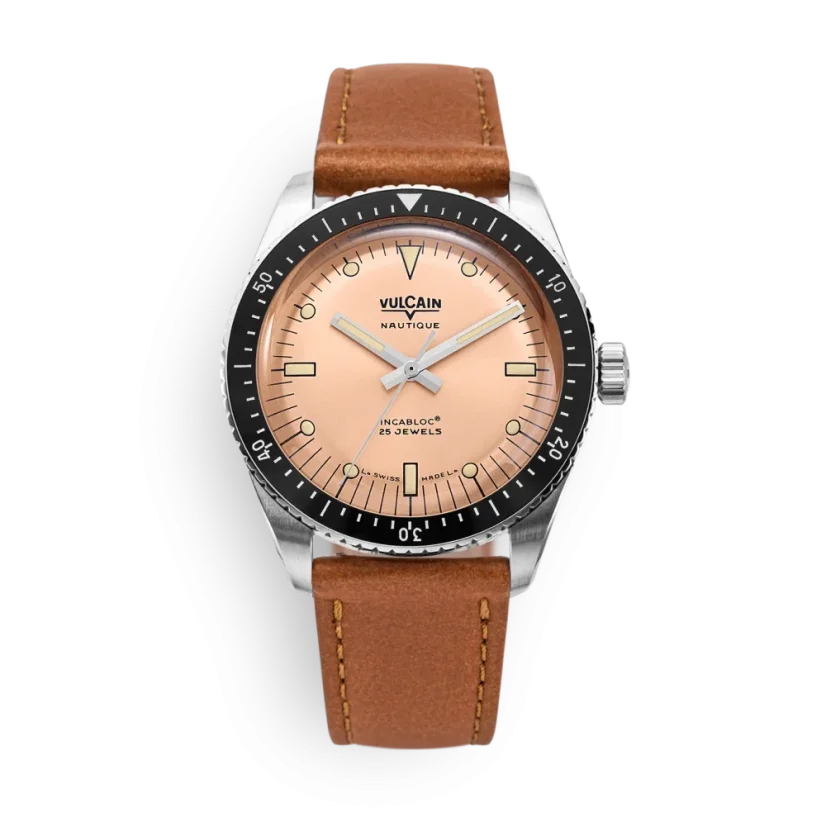 Men's silver Vulcain watch with leather strap Skindiver Nautique - Brown - BROWN PLAIN 44,5MM Automatic