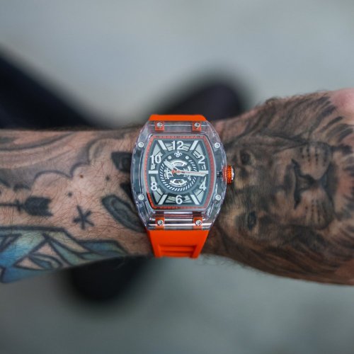 Strieborné pánske hodinky Ralph Christian s gumovým pásikom The Ghost - Neon Orange Automatic 43MM