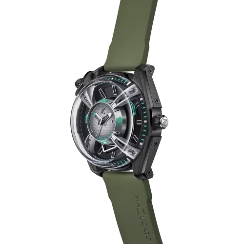 Czarny męski zegarek Mazzucato z gumowym paskiem LAX Dual Time Black / Green - 48MM Automatic