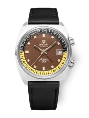 Men's silver Nivada Grenchen watch with leather strap Antarctic GMT - Tropical 32061A17 36MM Automatic