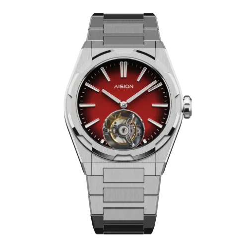 Men's silver Aisiondesign Watch with steel strap Tourbillon Hexagonal Pyramid Seamless Dial - Red 41MM