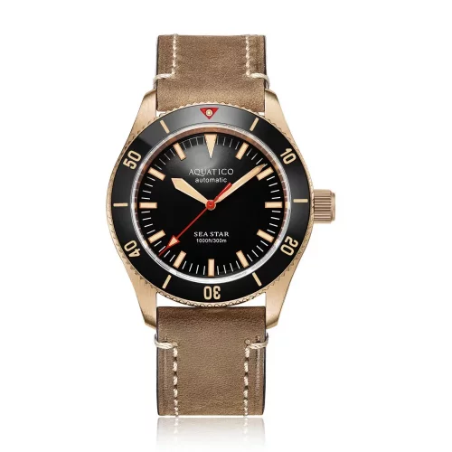 Montre Aquatico Watches pour homme de couleur or avec bracelet en cuir Bronze Sea Star Black No Date Automatic 42MM