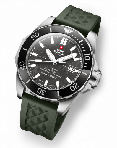 Ασημένιο ρολόι Swiss Military Hanowa για άντρες με λαστιχάκι Dive 1.000M SMA34092.09 45MM Automatic