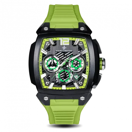 Orologio da uomo nero Ralph Christian con un braccialetto di gomma The Phantom Chrono - Lime Green 44MM