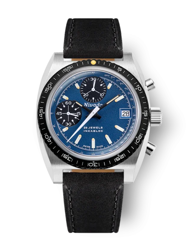 Men's silver Nivada Grenchen watch with leather strap CHRONOSPORT Blue 77003A17 38MM Automatic