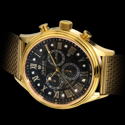 Złoty męski zegarek Ludwika XVI ze stalowym paskiem Danton - Gold 44MM