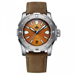 Stříbrné pánské hodinky Phoibos Watches s koženým páskem Great Wall 300M - Orange Automatic 42MM Limited Edition