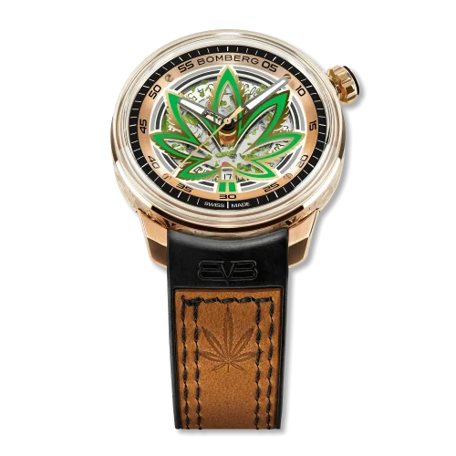 Złoty męski zegarek Bomberg Watches ze skórzanym paskiem CBD GOLDEN 43MM Automatic