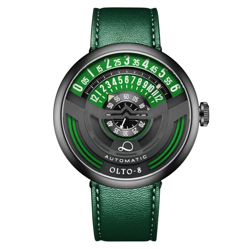 Čierne pánske hodinky OLTO-8 s koženým remienkom INFINITY-I RPM-Style Black / Green 46MM Automatic