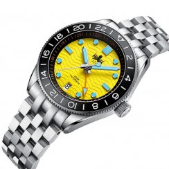 Męski srebrny zegarek Phoibos Watches ze stalowym paskiem GMT Wave Master 200M - PY049F Yellow Automatic 40MM