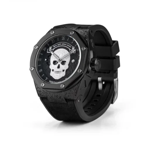 Černé pánské hodinky Nsquare s koženým páskem The Magician Black 46MM Automatic