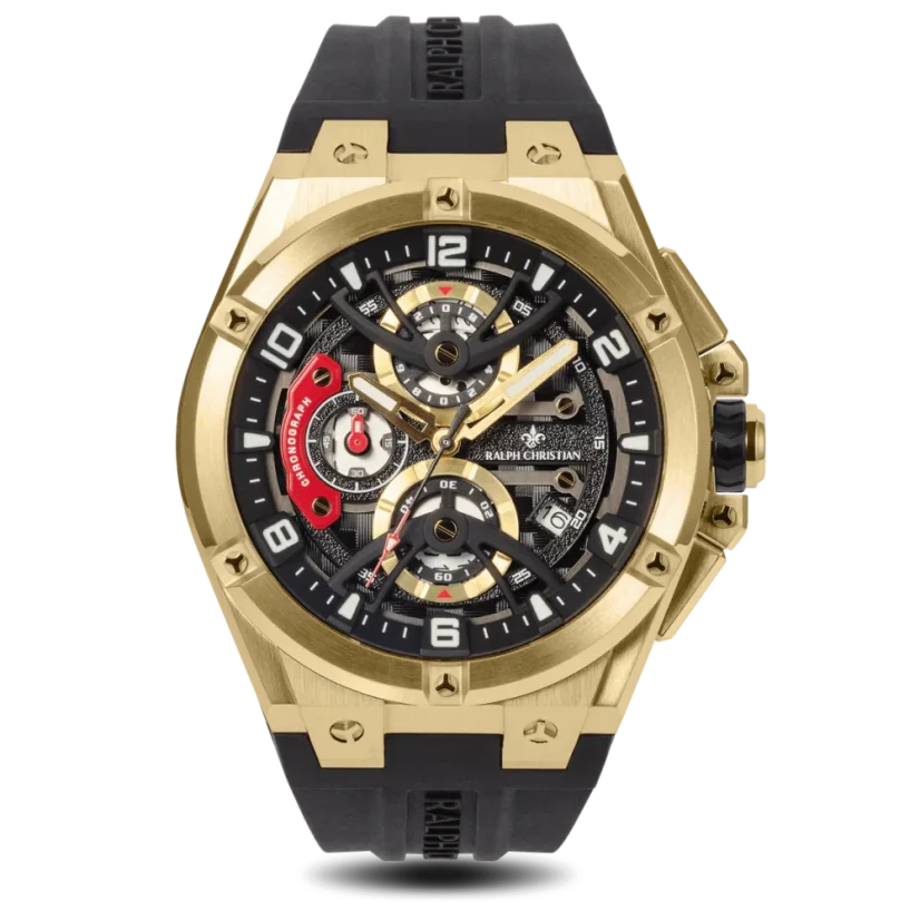 Zlaté pánské hodinky Ralph Christian s gumovým páskem The Apex Chrono - Luxe Black 46MM