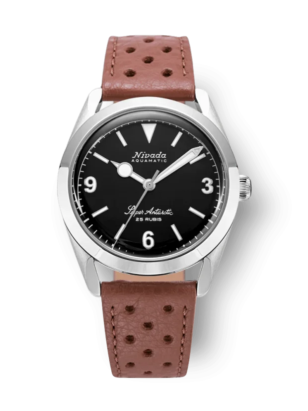 Stříbrné pánské hodinky Nivada Grenchen s koženým páskem Super Antarctic 3.6.9 Black No Vintage Effect 32039A23 38MM Automatic