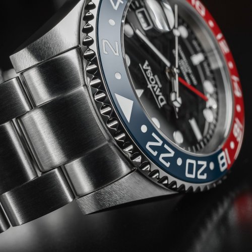 Stříbrné pánské hodinky Davosa s ocelovým páskem Ternos Ceramic GMT - Blue/Red Automatic 40MM