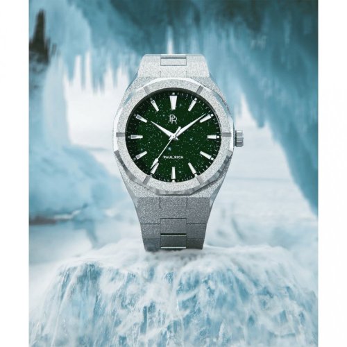 Relógio Paul Rich de prata para homem com pulseira de aço Frosted Star Dust - Green Silver 42MM