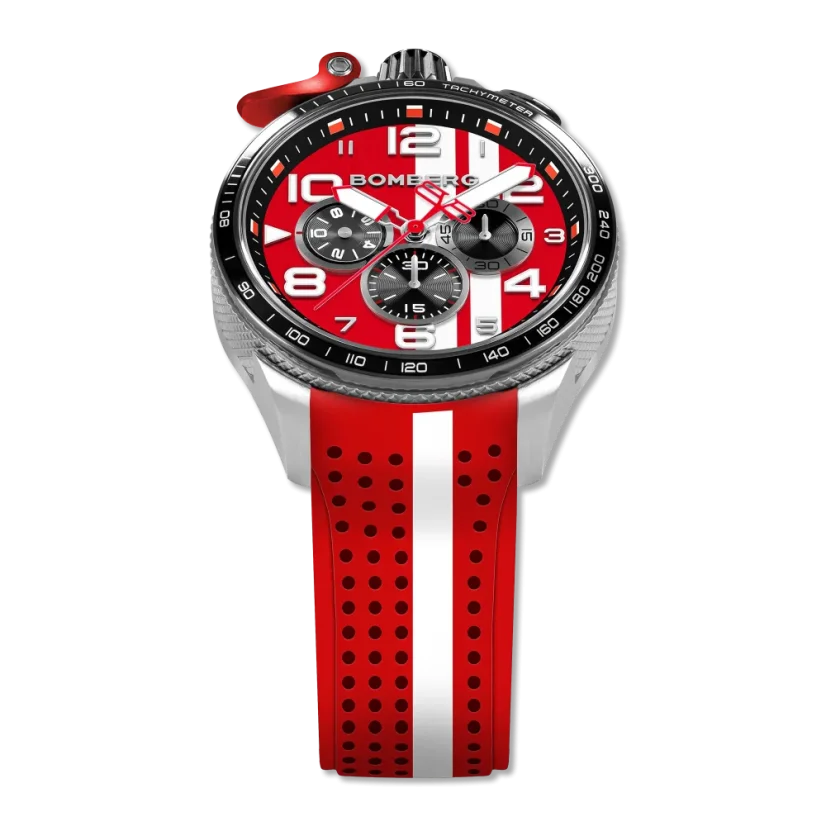 Silberne Herrenuhr Bomberg Watches mit Gummiband RACING 4.3 Red 45MM