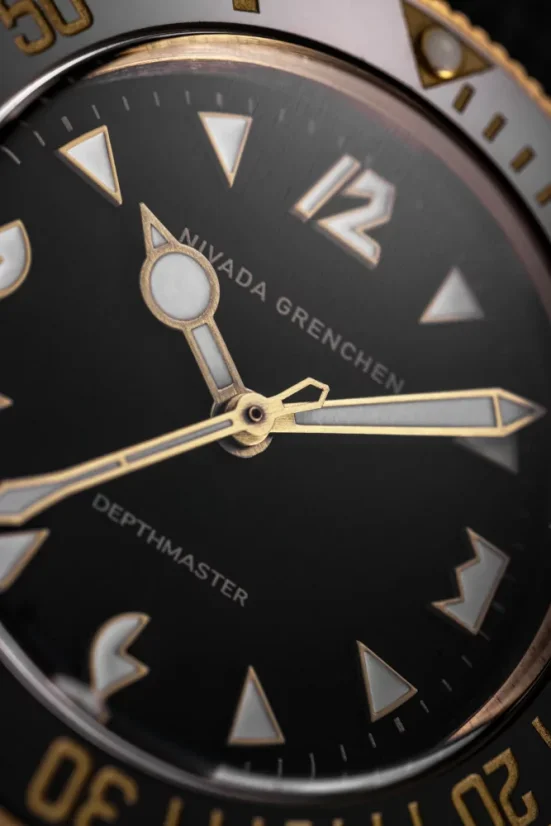 Men's gold Nivada Grenchen watch with leather strap Depthmaster Bronze 14123A16 Black Leather 39MM Automatic
